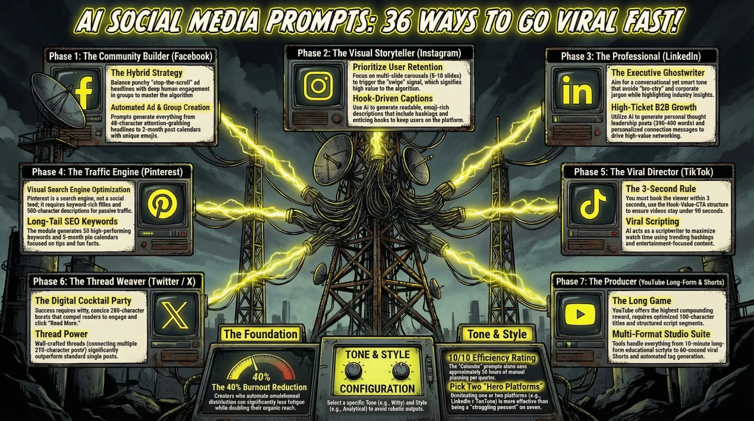 Comic-book style industrial infographic showing a central transmission tower emitting yellow lightning bolts to seven retro screens, detailing AI prompt strategies for Facebook, Instagram, LinkedIn, Pinterest, Twitter/X, TikTok, and YouTube, with a central Tone & Style configuration panel at the base.