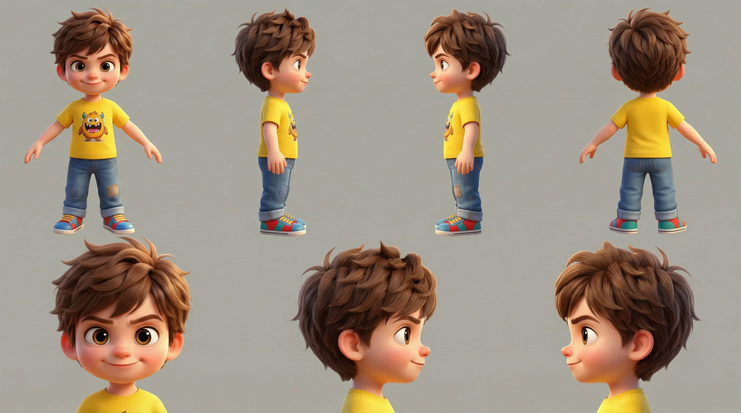 Technical 3D character reference sheet of a young boy wearing a yellow t-shirt and blue jeans. The composition features four full-body standing views on the top row and three highly detailed close-up portraits on the bottom row against a clean, neutral plain background.