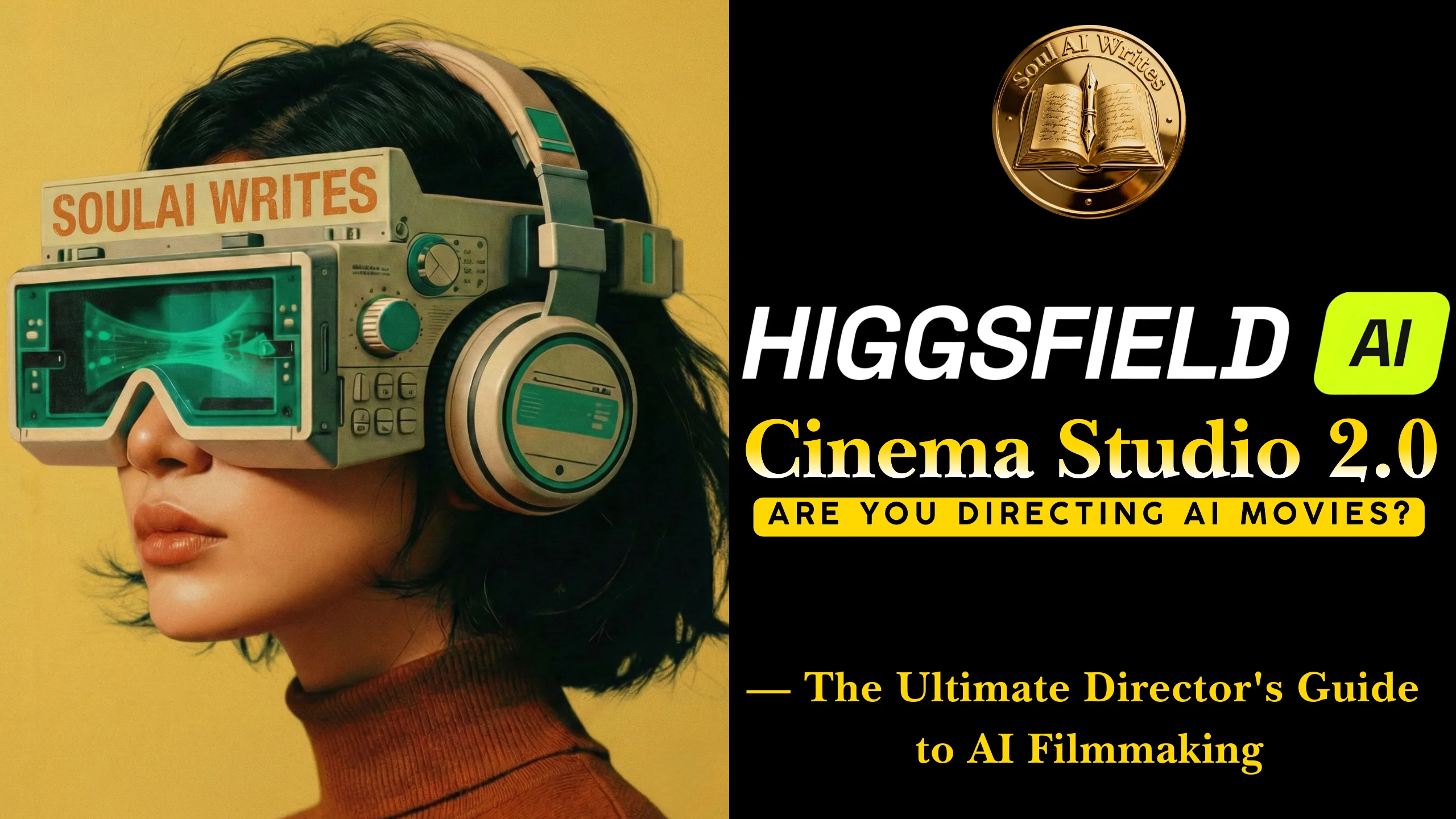 Split-screen featured banner; left side shows a professional director holding a cinema camera with text "The Ultimate AI Director's Guide"; right side shows the Higgsfield Cinema Studio 2.0 mobile interface displaying 70mm sensor and f/1.4 lens settings.