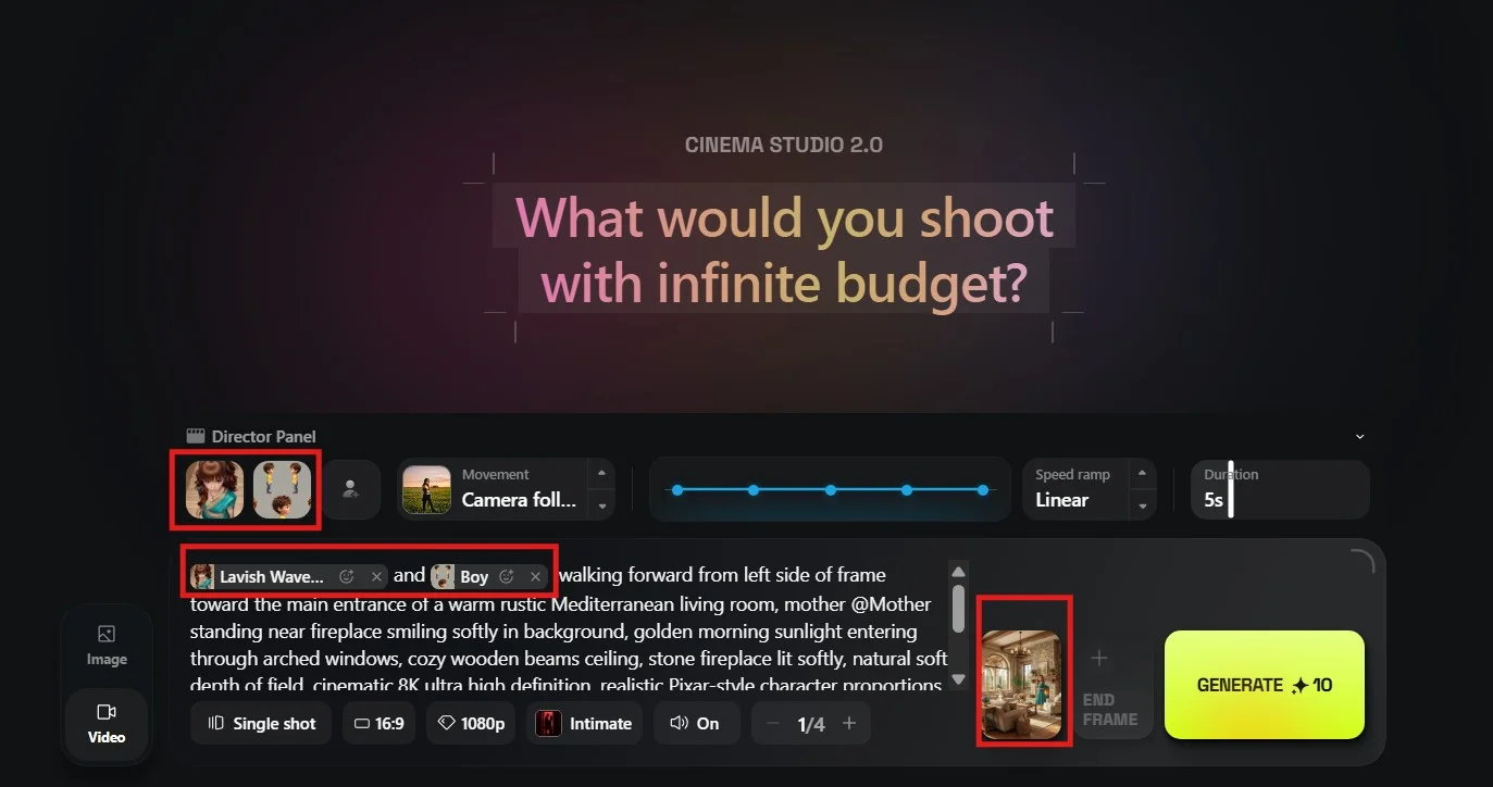 Interface screenshot of Higgsfield Cinema Studio 2.0 showing the Director Panel, highlighting the selection of multiple custom characters and their integration directly into the text generation prompt.