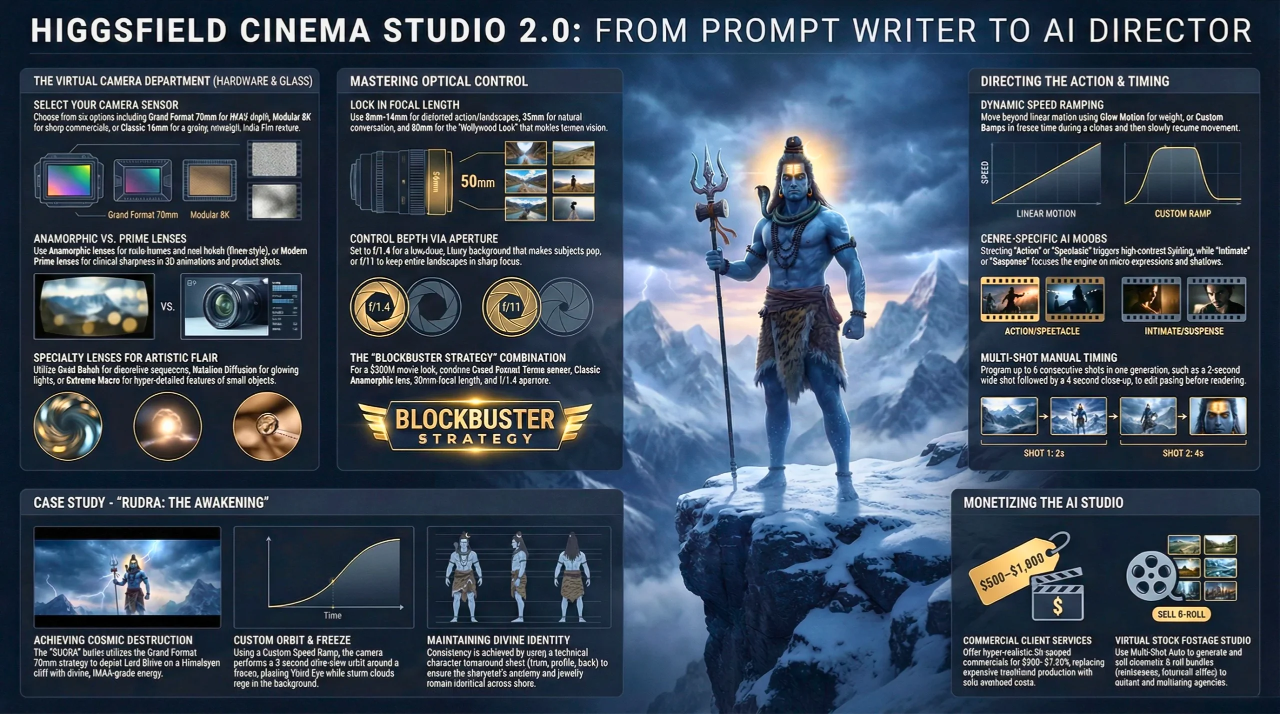Cinematic infographic detailing the Hollywood camera setup in Higgsfield Cinema Studio 2.0, featuring Lord Shiva and highlighting the Grand Format 70mm film sensor and f/1.4 aperture.