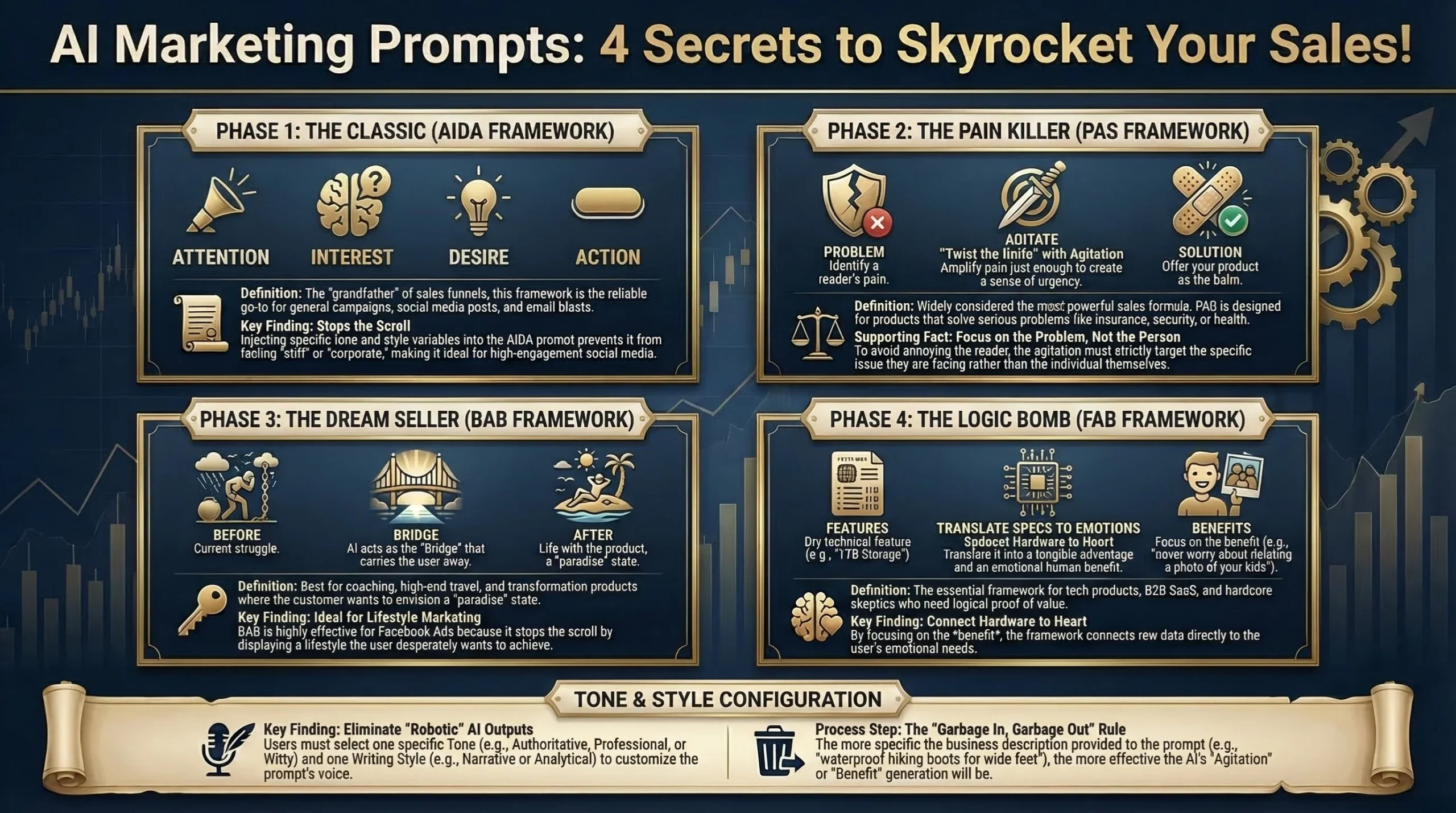 Detailed infographic outlining 4 secret AI marketing prompt frameworks: AIDA (The Classic), PAS (The Pain Killer), BAB (The Dream Seller), and FAB (The Logic Bomb), displayed on a dark blue background with gold accents and a tone configuration section.